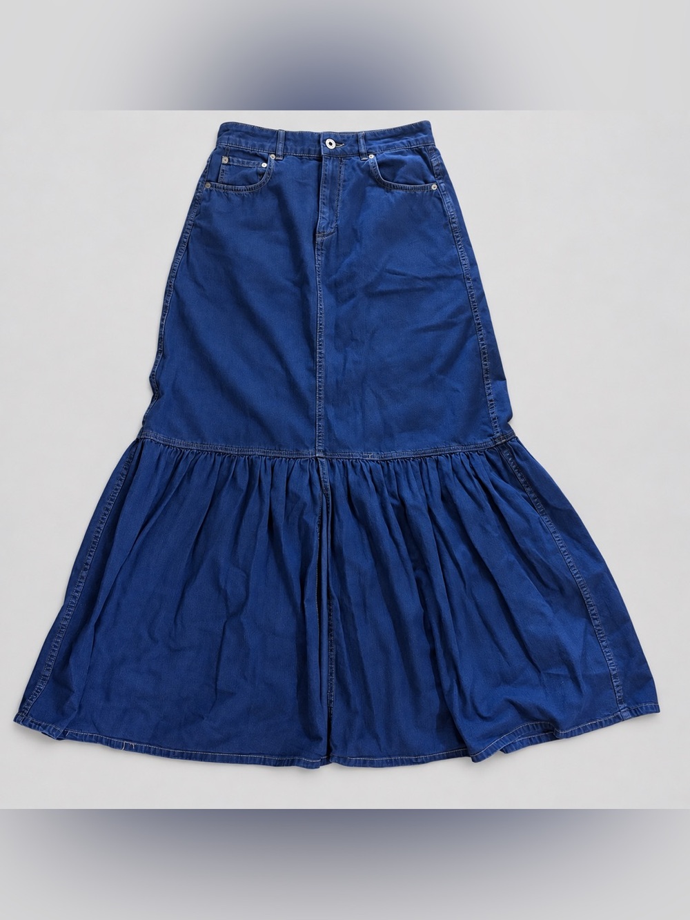 Billy Reid Dark Wash Denim Maxi Prairie Skirt Boho Western Tiered Ruffle Size 6